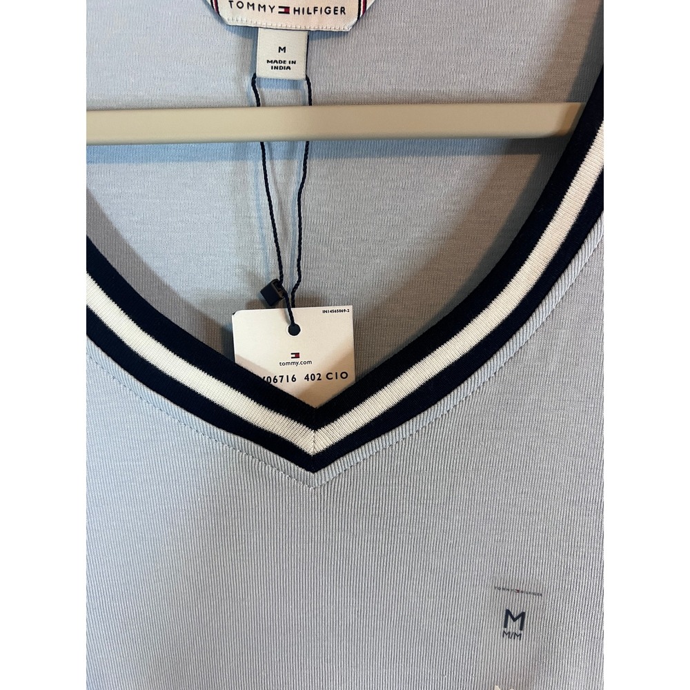 Tommy Hilfiger Womens V-Neck T-Shirt Light Blue Striped Trim XW06716 Size M - Picture 3 of 7